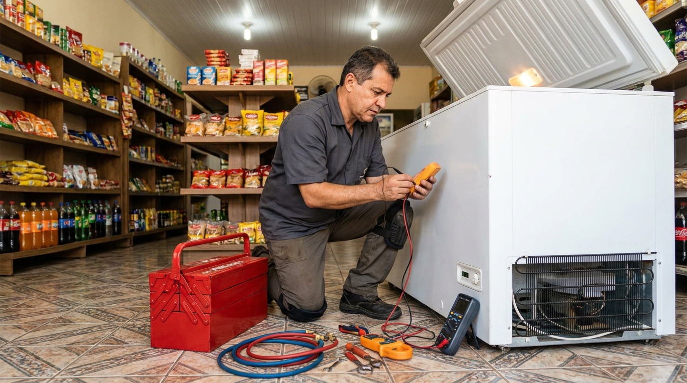 Manômetro conectado ao circuito durante recarga de gás de freezer em Jaboatão dos Guararapes‑PE