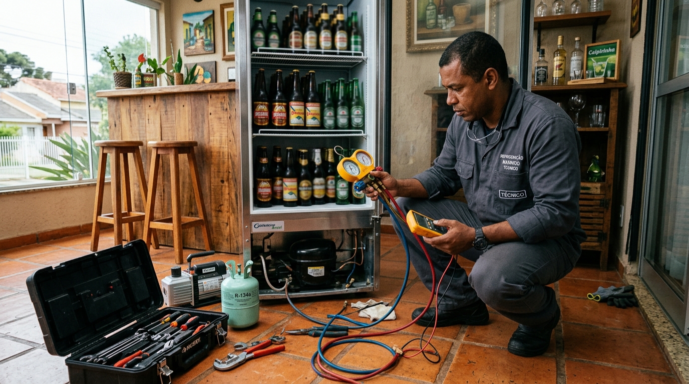 Técnico conferindo a temperatura de uma cervejeira durante atendimento em Jaboatão dos Guararapes‑PE