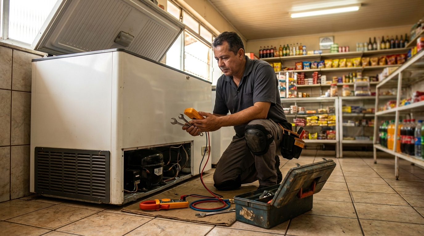 Técnico avaliando um freezer vertical durante atendimento em Jaboatão dos Guararapes‑PE